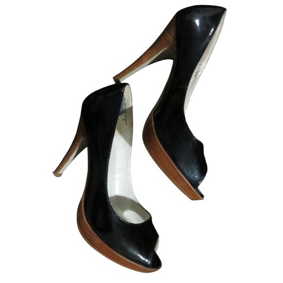 Mossimo Black Patent Italian Leather Platform Peep Toe Stiletto Heels size 8 - Picture 5 of 12